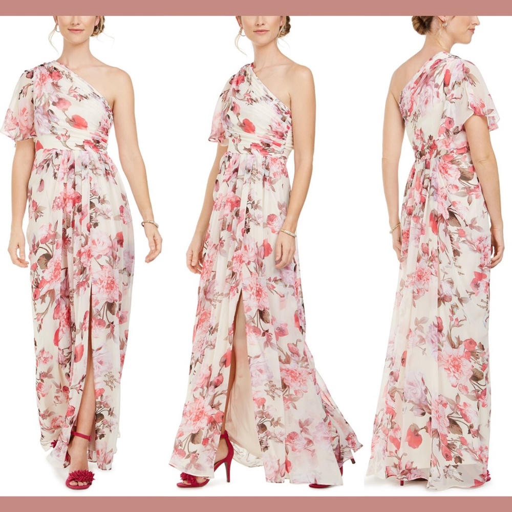 NWT $229 Adrianna Papell One Shoulder Floral Chiffon Gown Champagne [SZ 12‎ ]